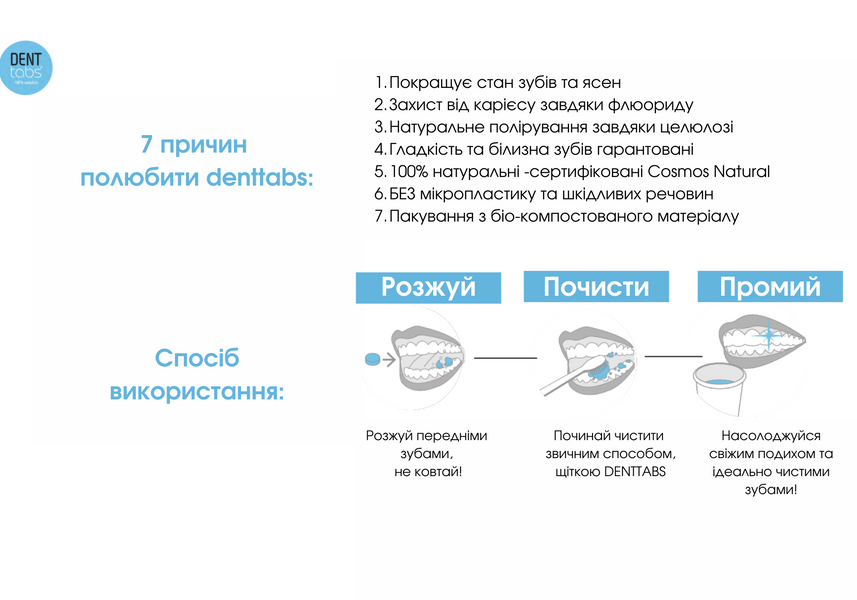 М'ятні драже для чищення зубів Denttabs,125 шт (для дорослих) DT0102M фото
